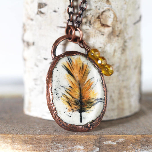 Ceramic Necklace - Feather Pendant - Citrine Jewelry