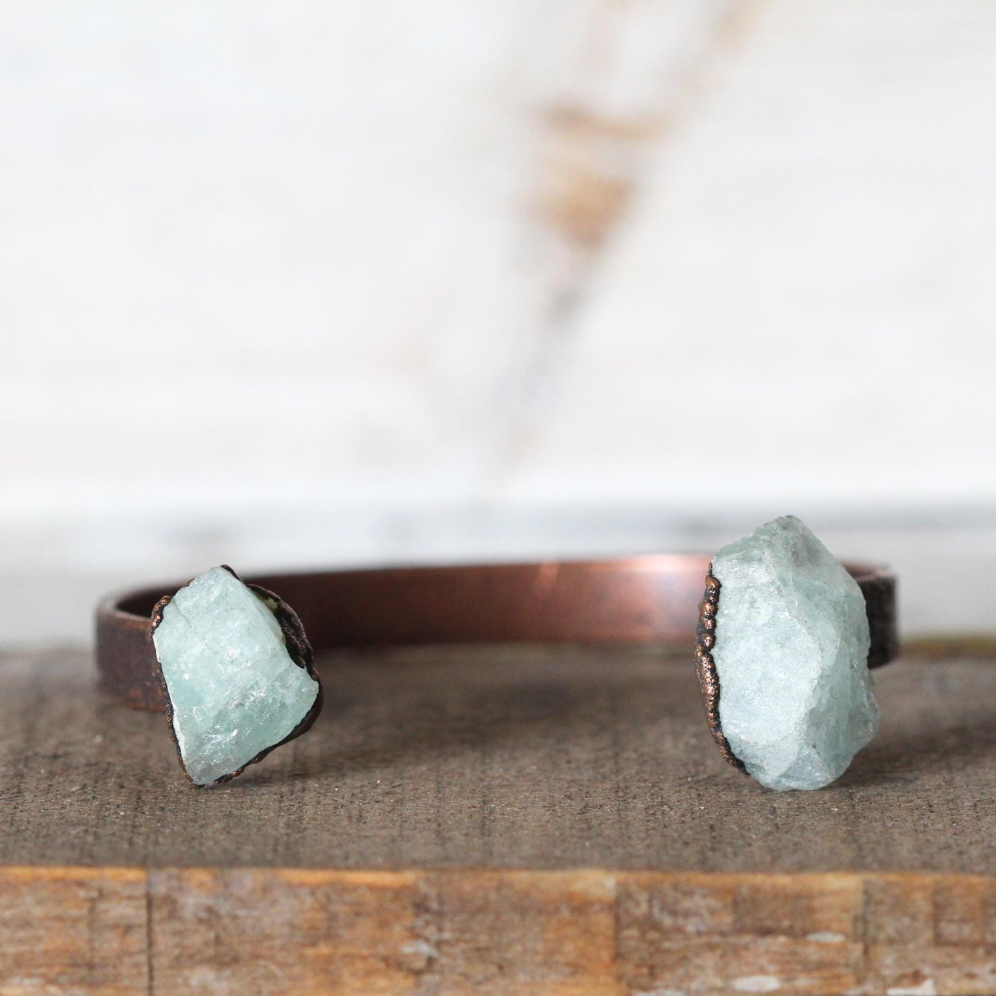Raw Aquamarine Bracelet - Open Copper Cuff - Crystal Bracelet