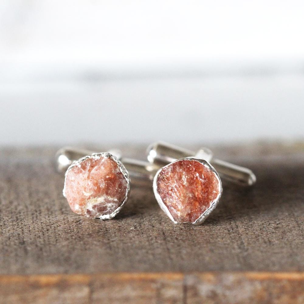 Sunstone Cufflinks - Raw Stone Cuff Links - Groomsman Gift