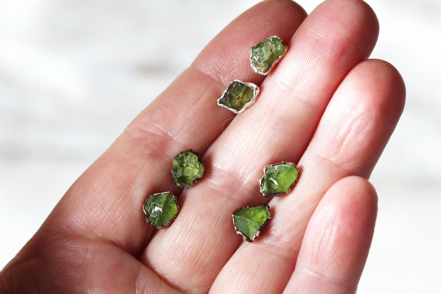 Peridot Earrings - Sterling Silver Studs - August Birthstone Jewelry - Electroformed Post Earrings