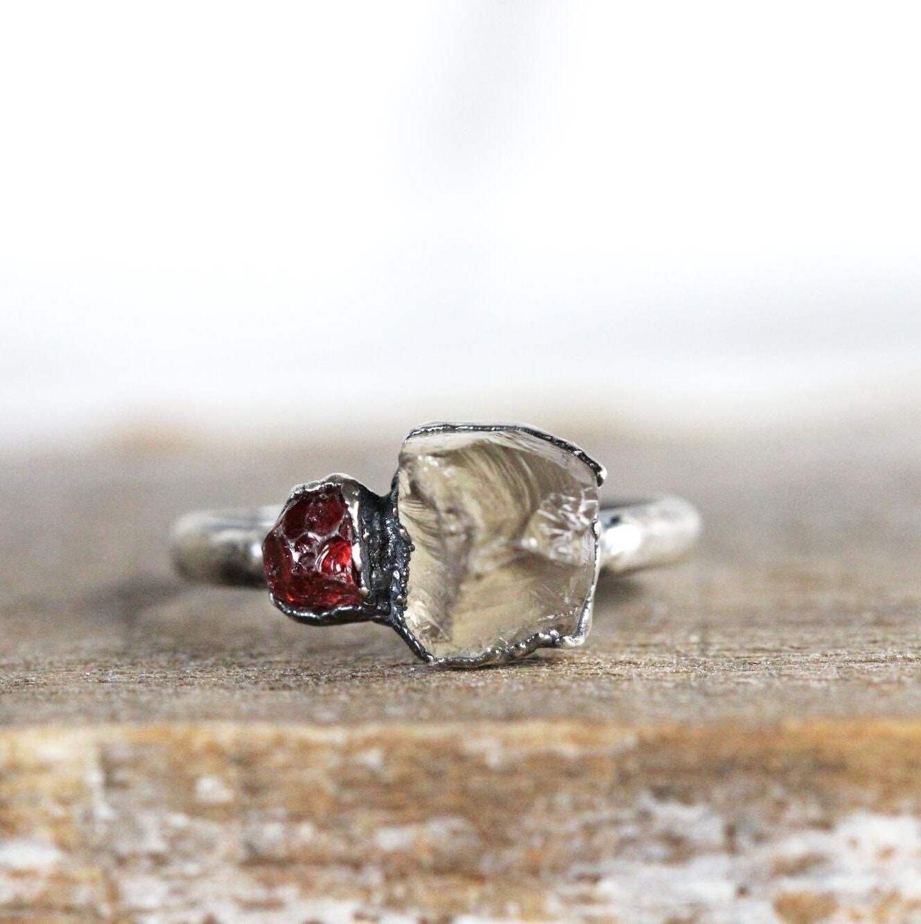 Raw Smoky Quartz Ring - Double Stone - Raw Garnet - Pure Silver Jewelry