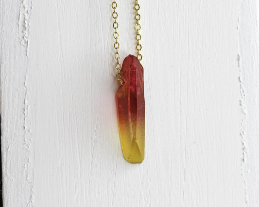 Aura Crystal Necklace - Red And Yellow Quartz - Gold Filled Chain