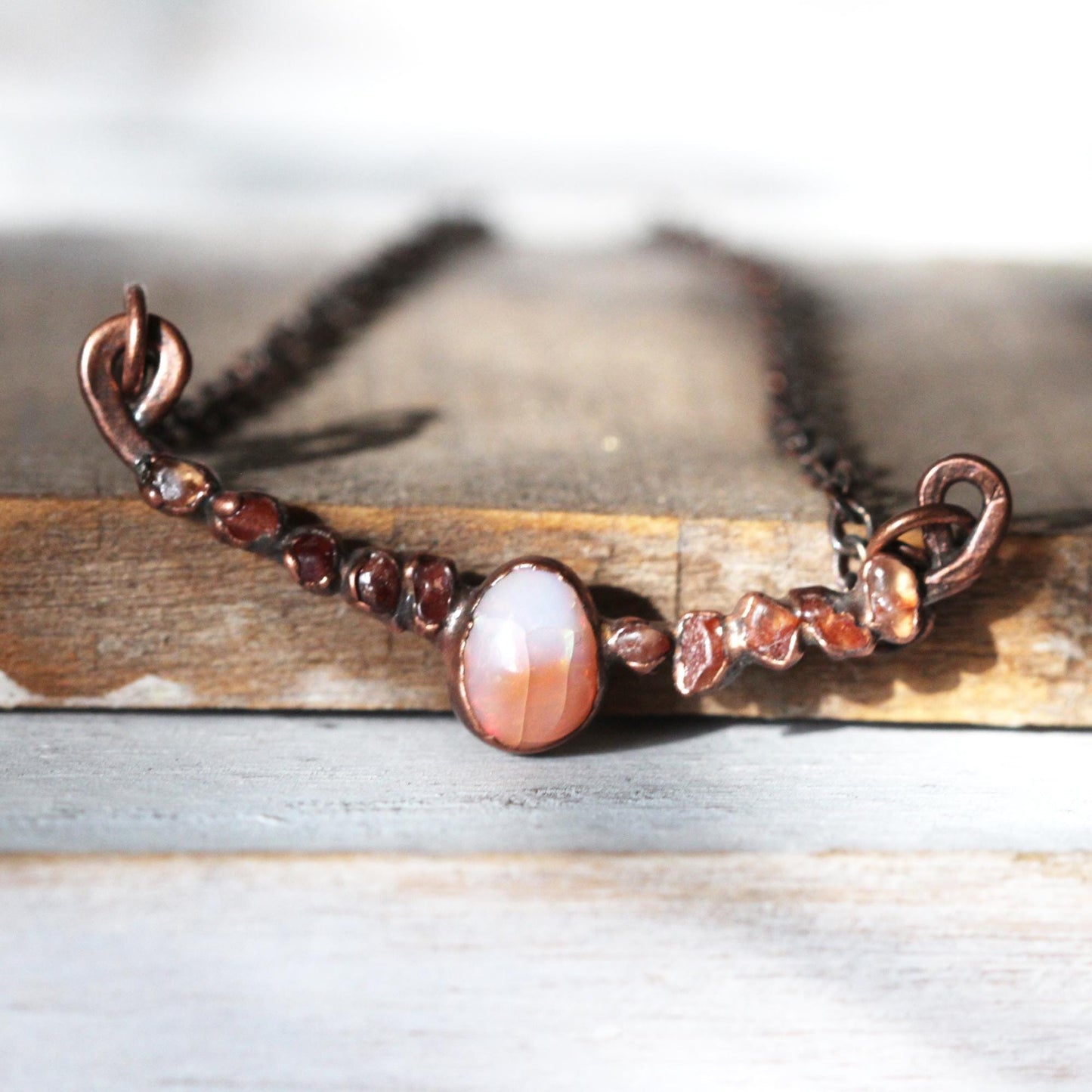 Mexican Opal Necklace - October Birthstone - Orange Sapphire Bib Necklace