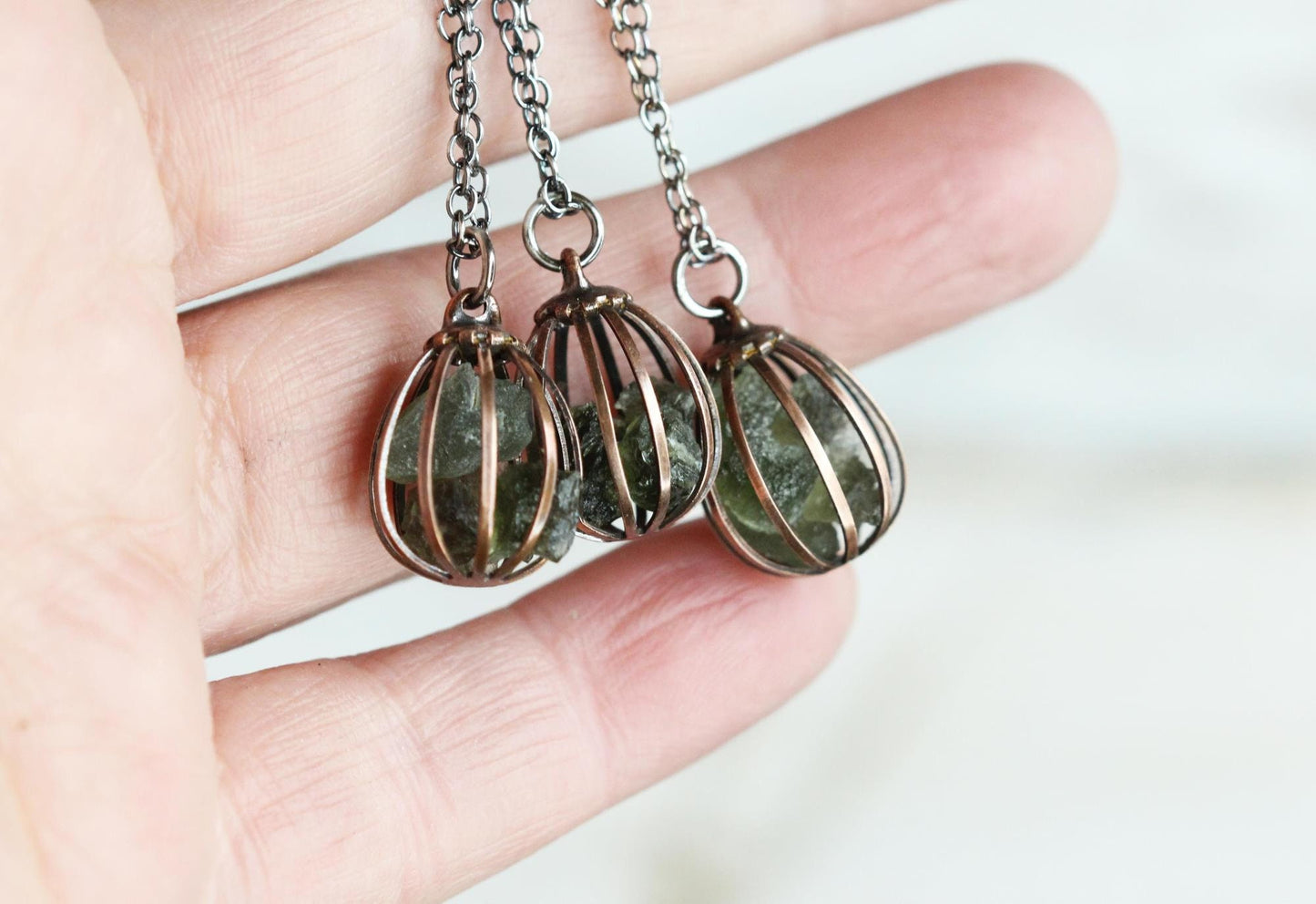 Moldavite Pendant - Vintage Cage Necklace - Mixed Metal Jewelry