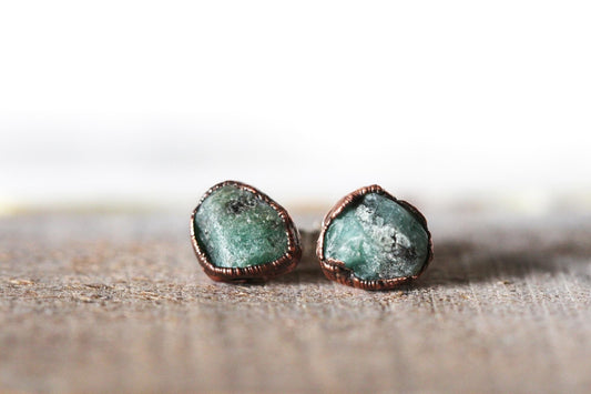 Emerald Earrings - Green Stone Posts - Sterling Silver Studs - Electroformed Crystal Earrings