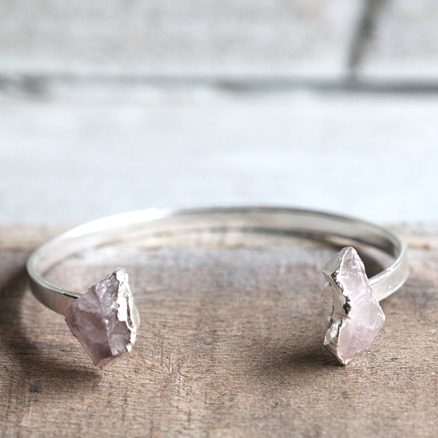 Rose Quartz Bracelet - Open Copper Cuff - Raw Crystal Bracelet - Double Stone Bracelet