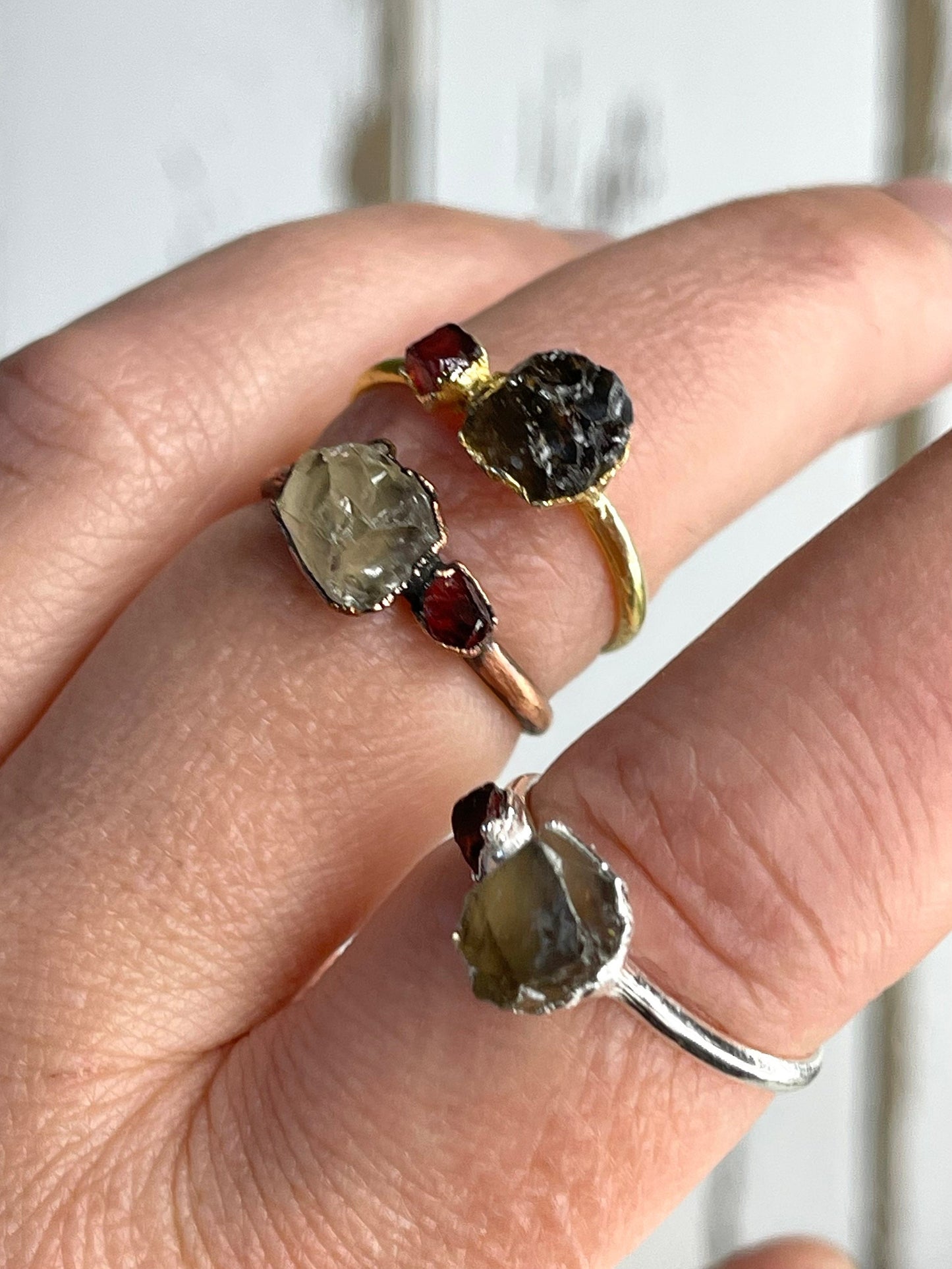 Raw Smoky Quartz Ring - Double Stone - Raw Garnet - Pure Silver Jewelry