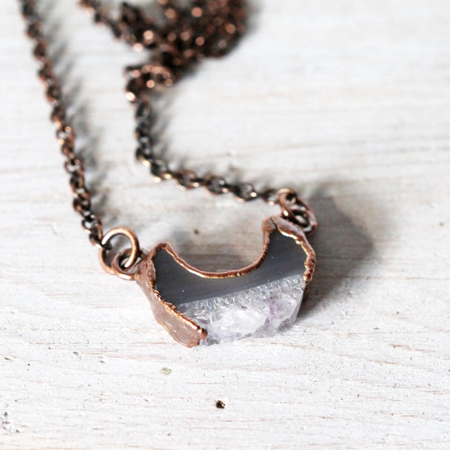 Raw Amethyst Necklace - Crystal Pendant - Half Moon Pendant - Druzy Crystal - Crescent Moon