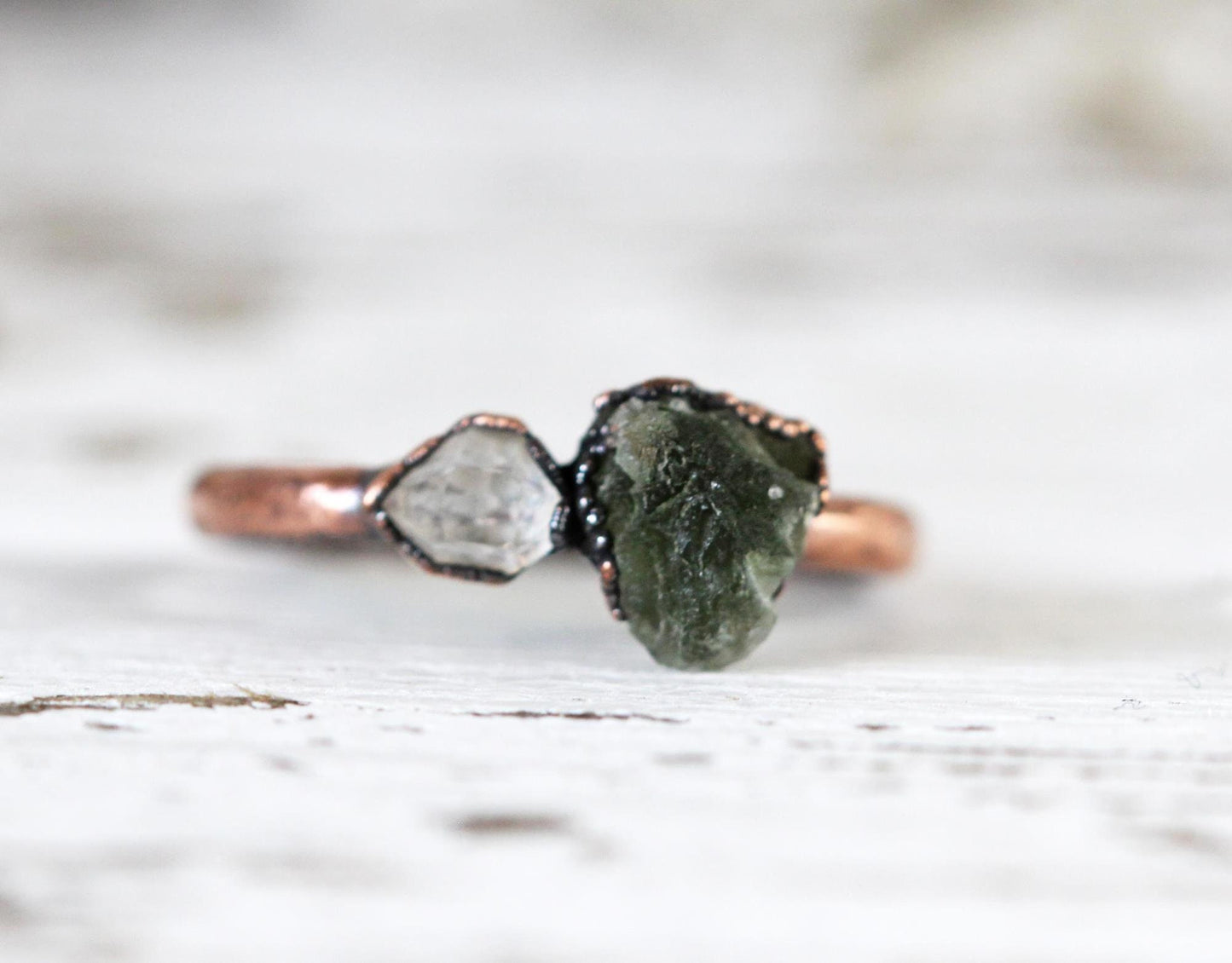 Moldavite Ring - Herkimer Diamond - Natural Green Crystal - Tektite Jewelry