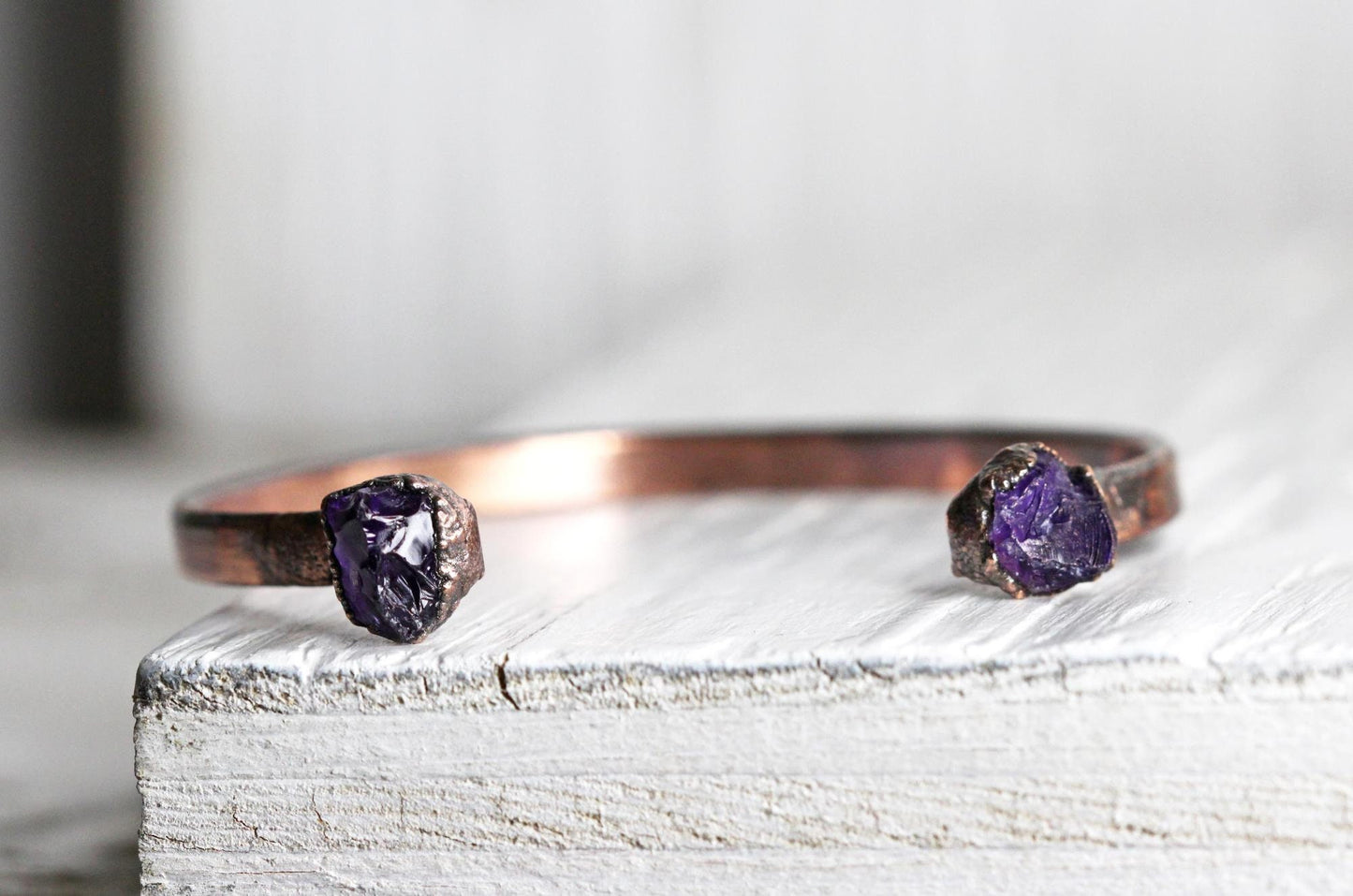 Raw Amethyst Bracelet - February Birthstone - Open Copper Cuff - Raw Crystal Bracelet - Double Stone Bracelet