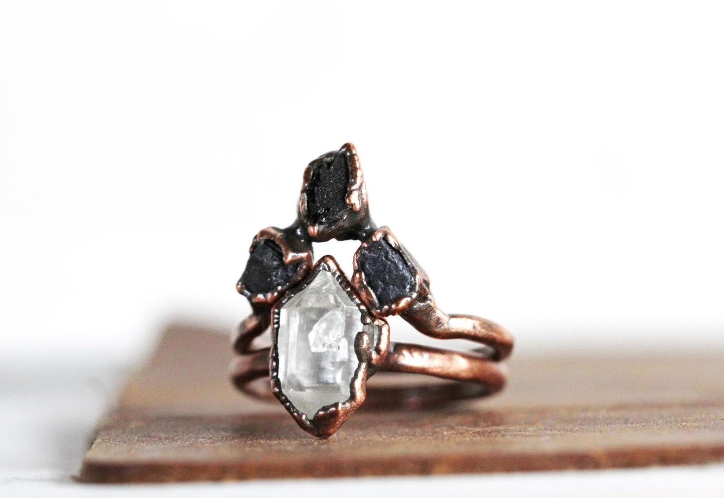 Black Tourmaline Ring Set - Chevron Wedding Set - Raw Stone Engagement Ring