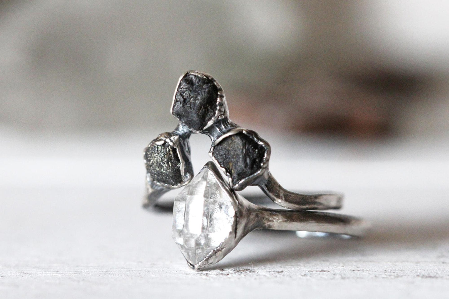 Black Tourmaline Ring Set - Chevron Wedding Set - Raw Stone Engagement Ring