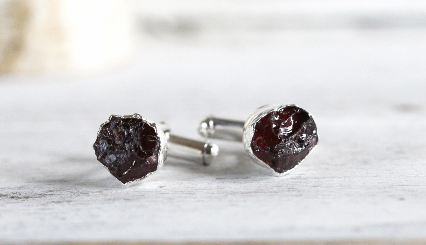 Garnet Cuff Links - Raw Birthstone Cufflinks - January Birthstone - Graduation Gift - Crystal Cuff Links