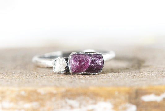 Ruby and Diamond Ring - July Birthstone - Natural Pink Stone