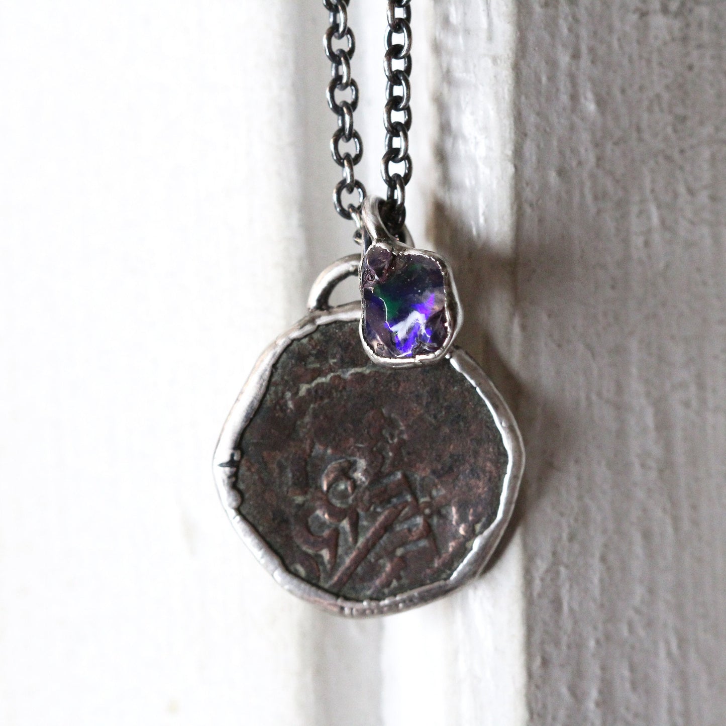 Ancient Coin Necklace - Charm Necklace - Mexican Opal Pendant