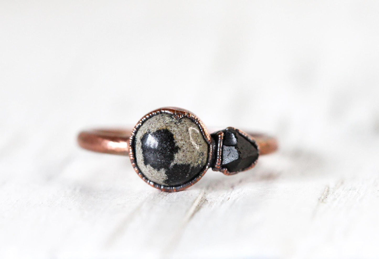 Dalmatian Jasper Ring  - Raw Black Onyx - Gold Vermeil Jewelry