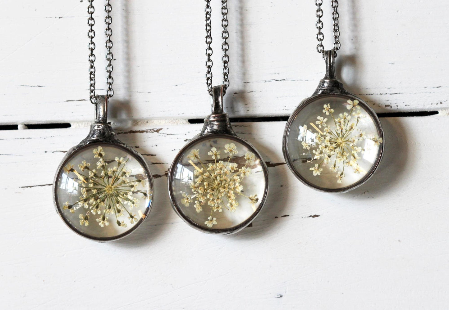 Queen Anne's Lace Necklace - Bridesmaid Gift - Flower Terrarium Pendant - Spring Jewelry
