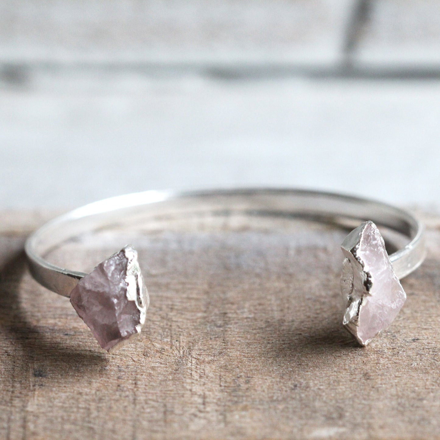 Rose Quartz Bracelet - Open Copper Cuff - Raw Crystal Bracelet - Double Stone Bracelet