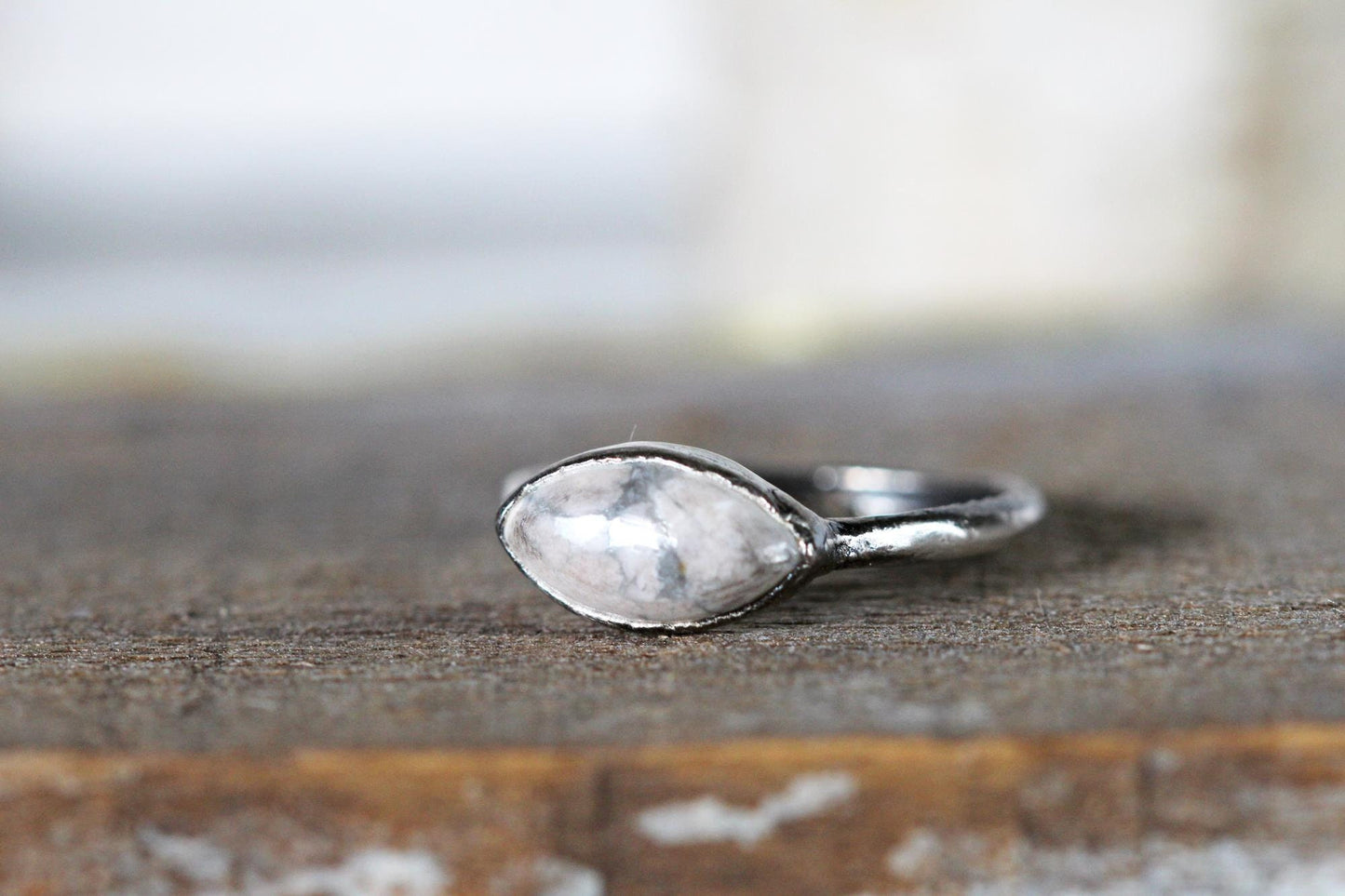 Howlite Ring - Simple Stone Stacker - Marquise Cabochon - Electroformed Stone