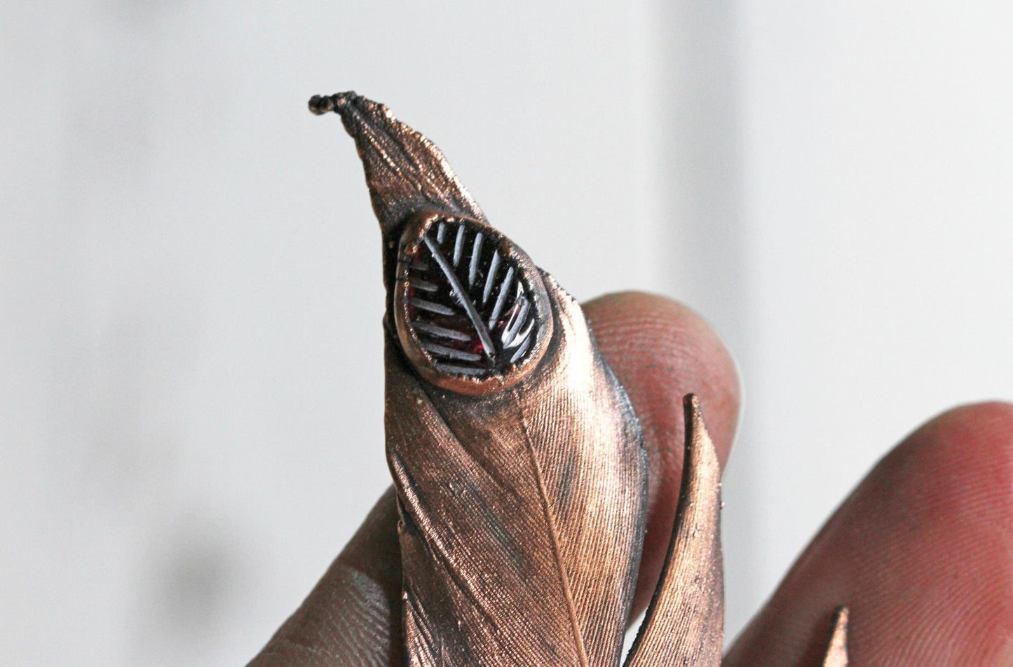 Feather Necklace - Garnet Pendant - Real Copper Feather Pendant - Electroformed Feather