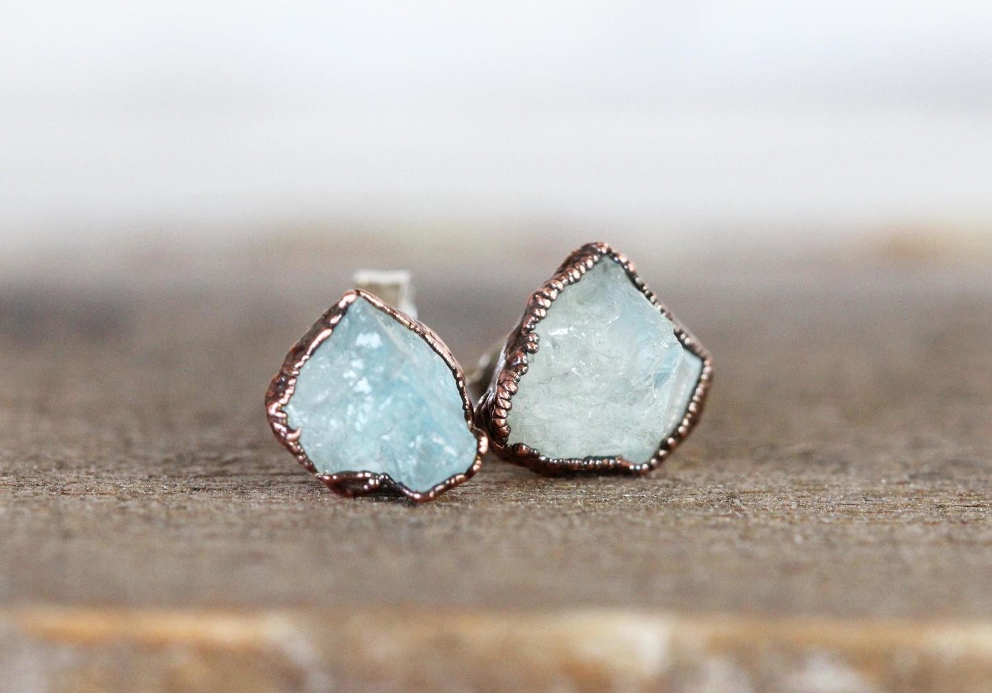 Aquamarine Post Earrings - Raw Crystal Earrings - Crystal Stud Earrings - March Birthstone Jewelry
