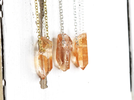Tangerine Quartz Necklace - Raw Crystal Pendant - Beaded Stone