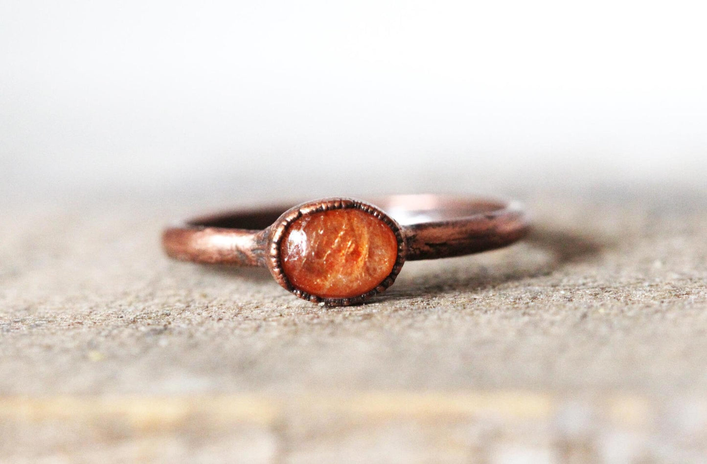Polished Sunstone Ring - Simple Stacking Ring - Orange Gemstone