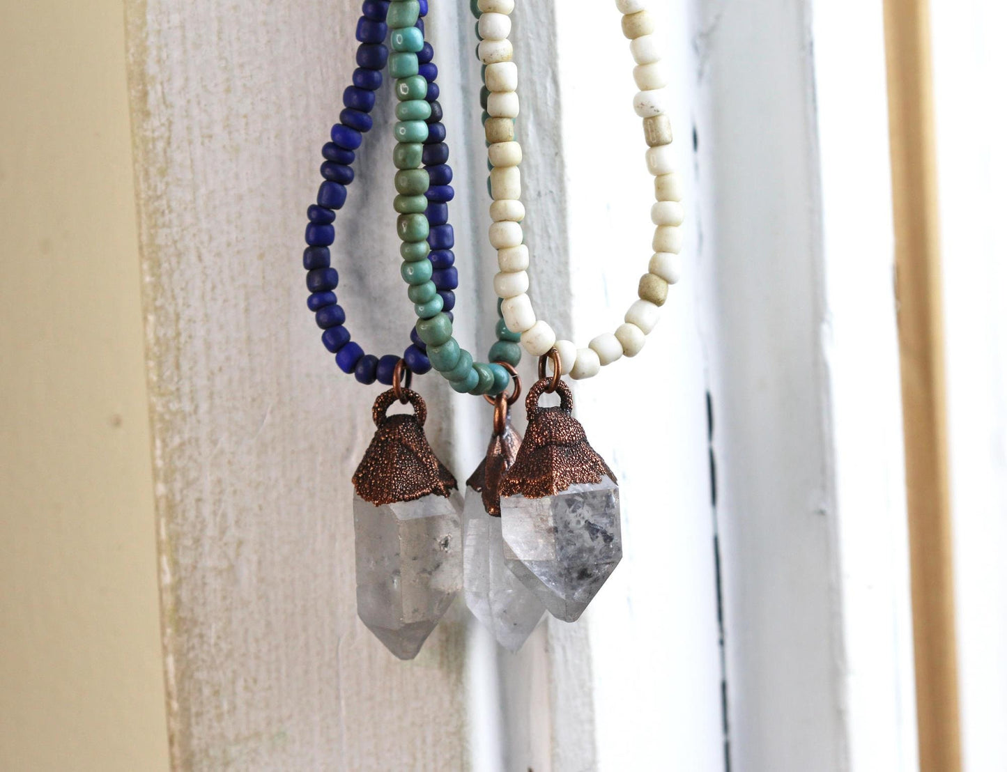 Raw Crystal Necklace - Clear Quartz Point Pendant - Beaded Stone - Layering Necklace
