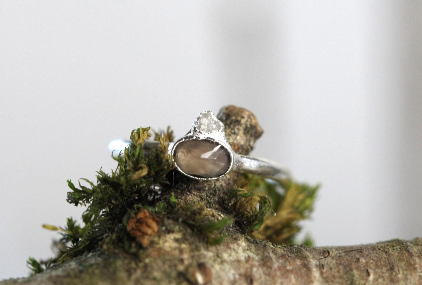 Smoky Quartz Ring - Raw Diamond Jewelry - Faceted Oval Stone