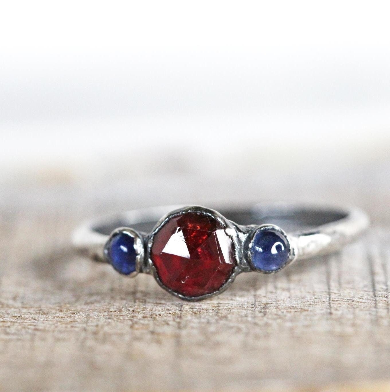 Garnet Ring - January Birthstone Jewelry - Sapphire and Garnet - Faceted Crystal Ring