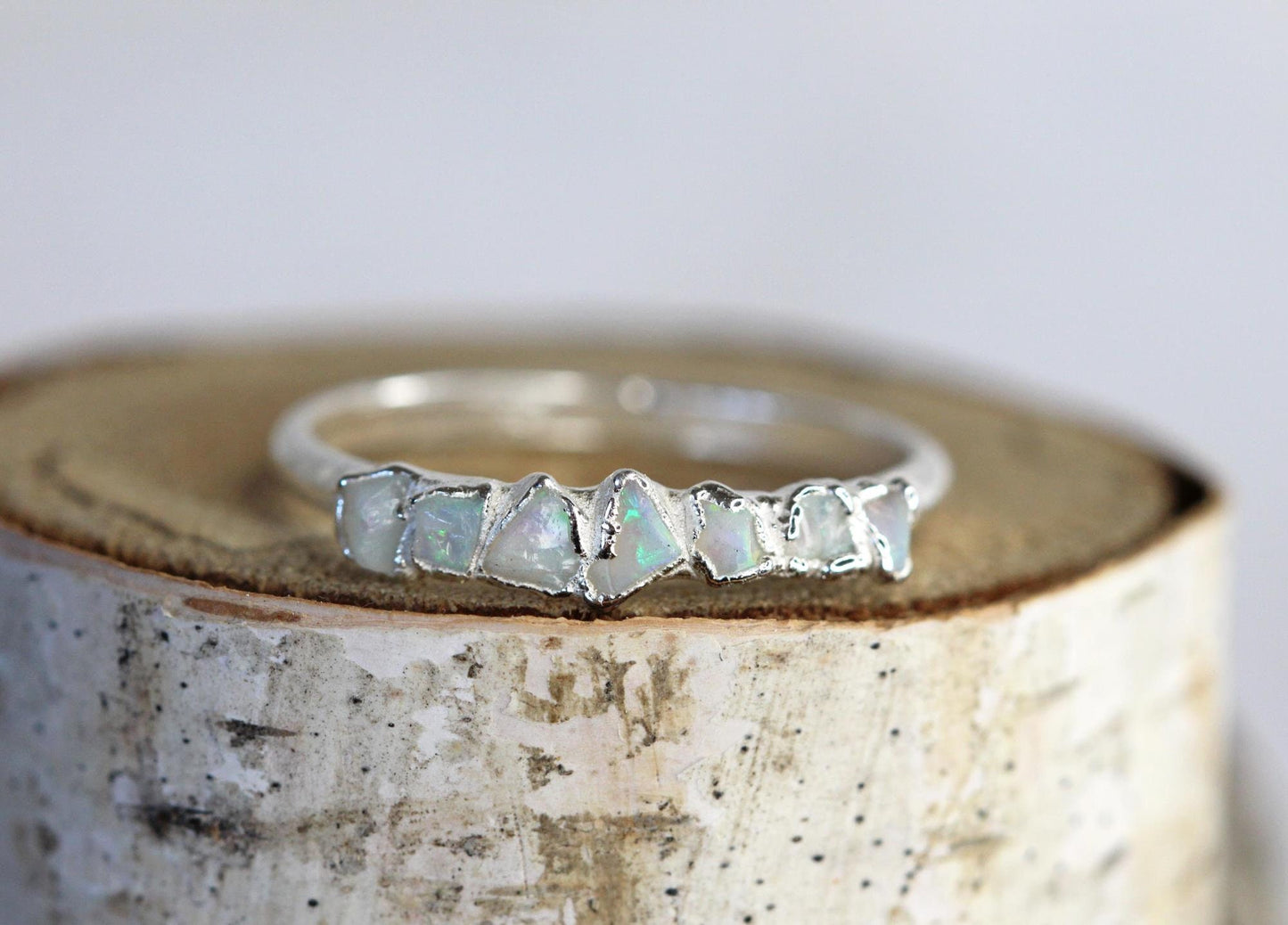 Australian Opal Ring - Multi Stone Ring - Raw Stone Stacking Ring - Yellow Gold