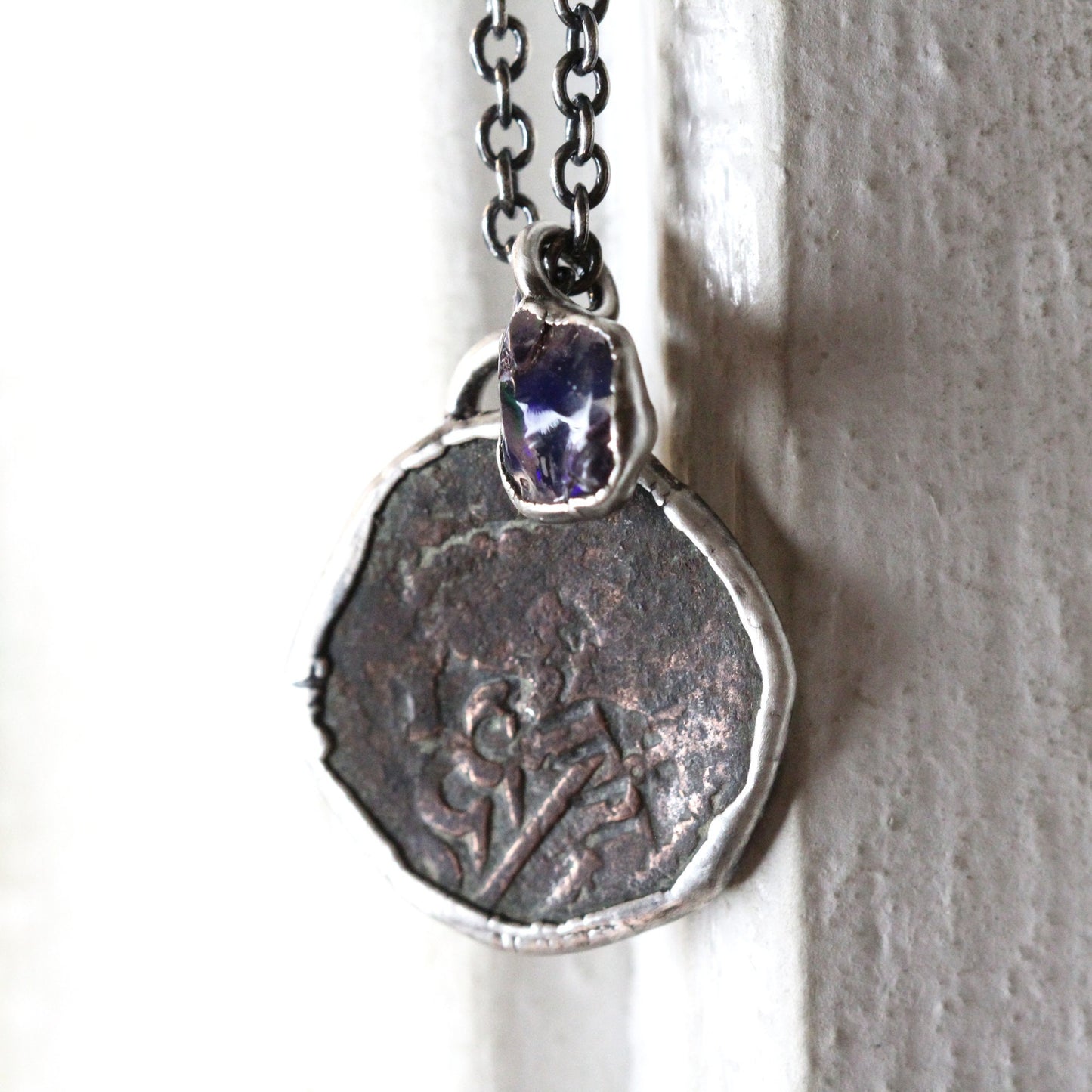 Ancient Coin Necklace - Charm Necklace - Mexican Opal Pendant