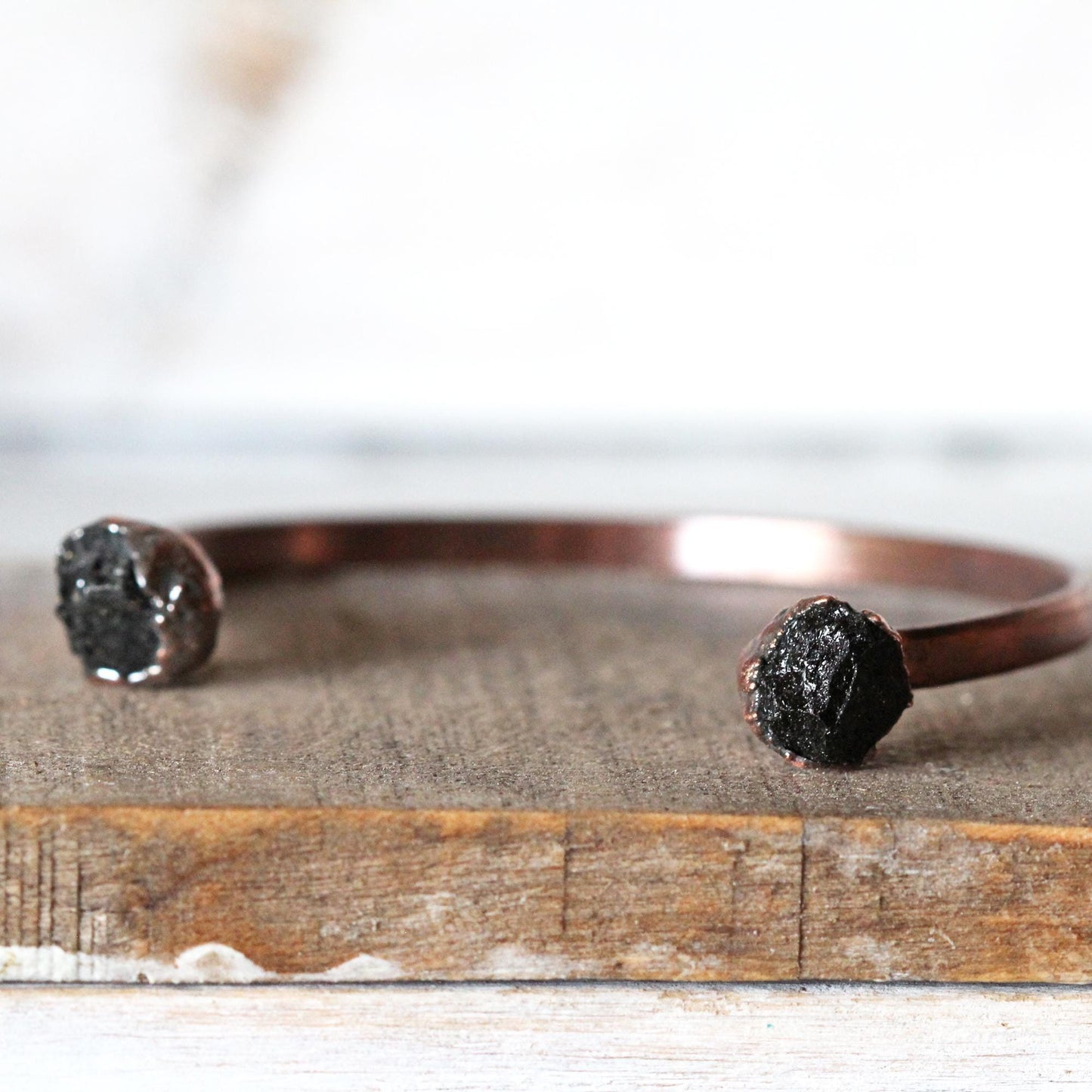 Black Tourmaline Bracelet - Open Copper Cuff - Raw Crystal Bracelet - Double Stone Bracelet