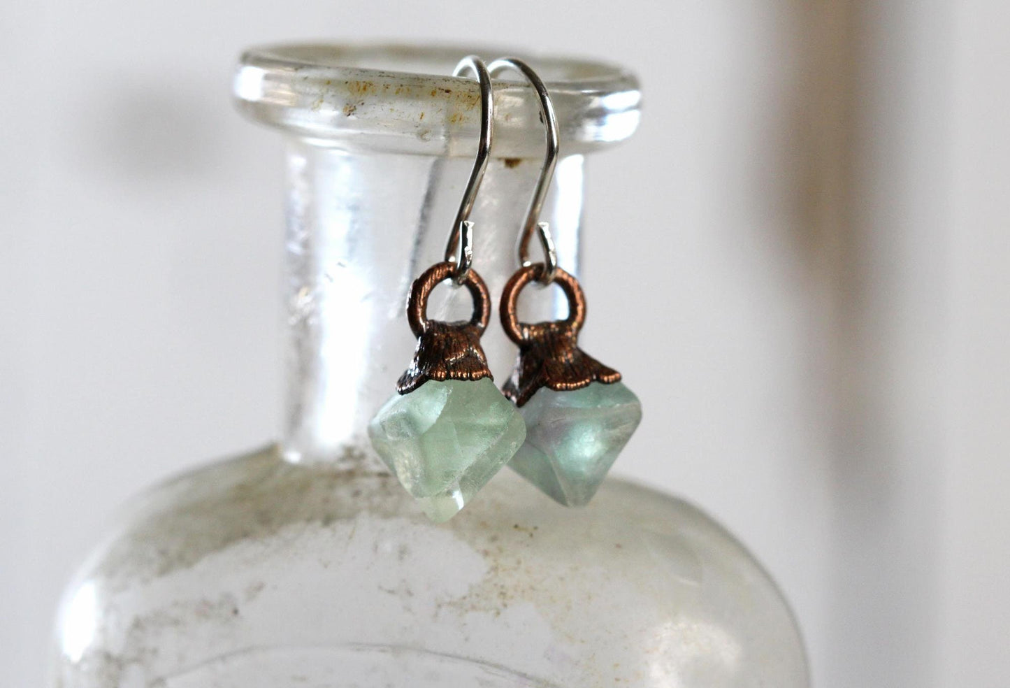Raw Fluorite Earrings - Crystal Dangles Earrings - Blue Fluorite Jewelry