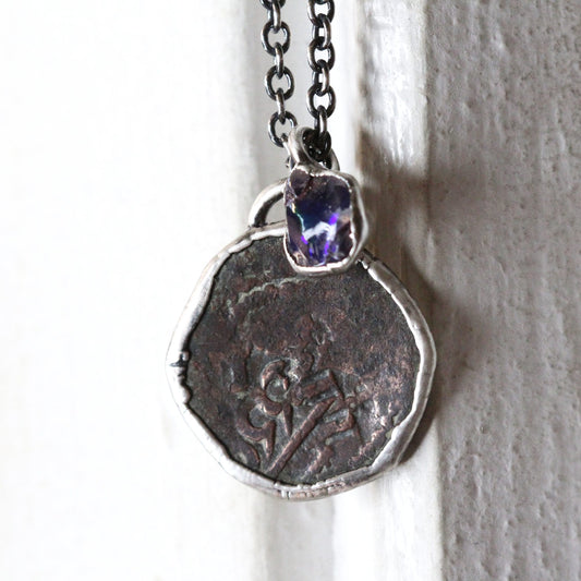 Ancient Coin Necklace - Charm Necklace - Mexican Opal Pendant