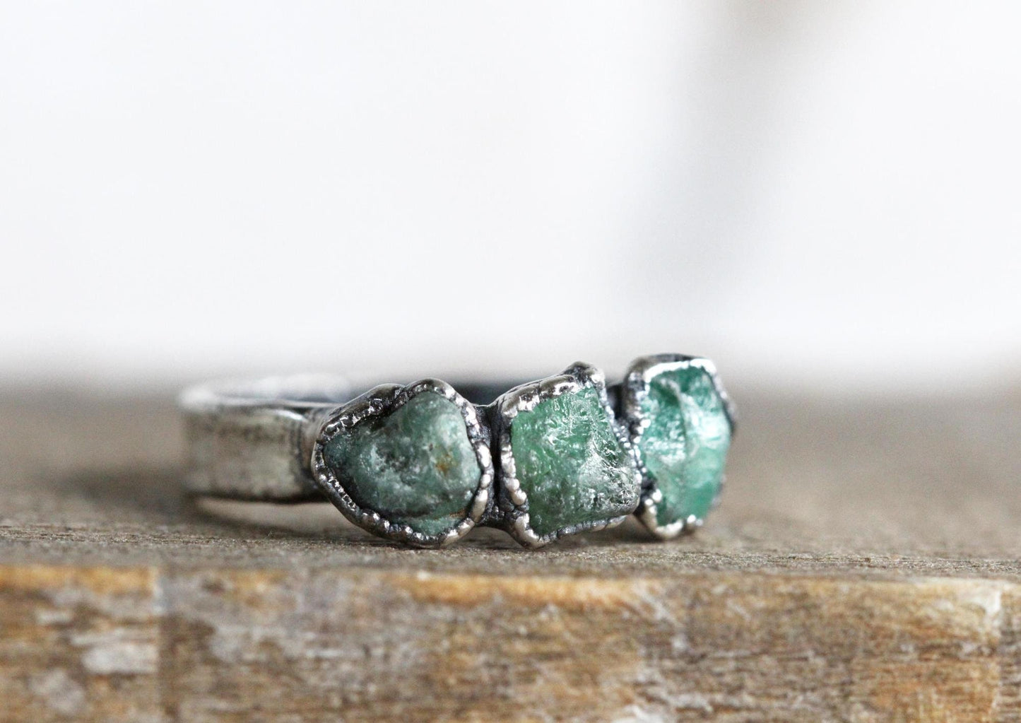 Raw Emerald Ring - Triple Stone Ring - Unisex Jewelry