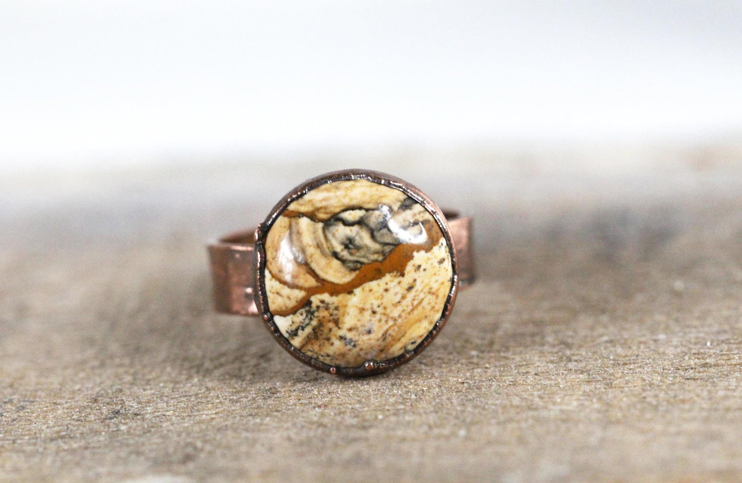 Picture Jasper Ring - Electroformed Copper - Patterned Stone - Wide Band Ring