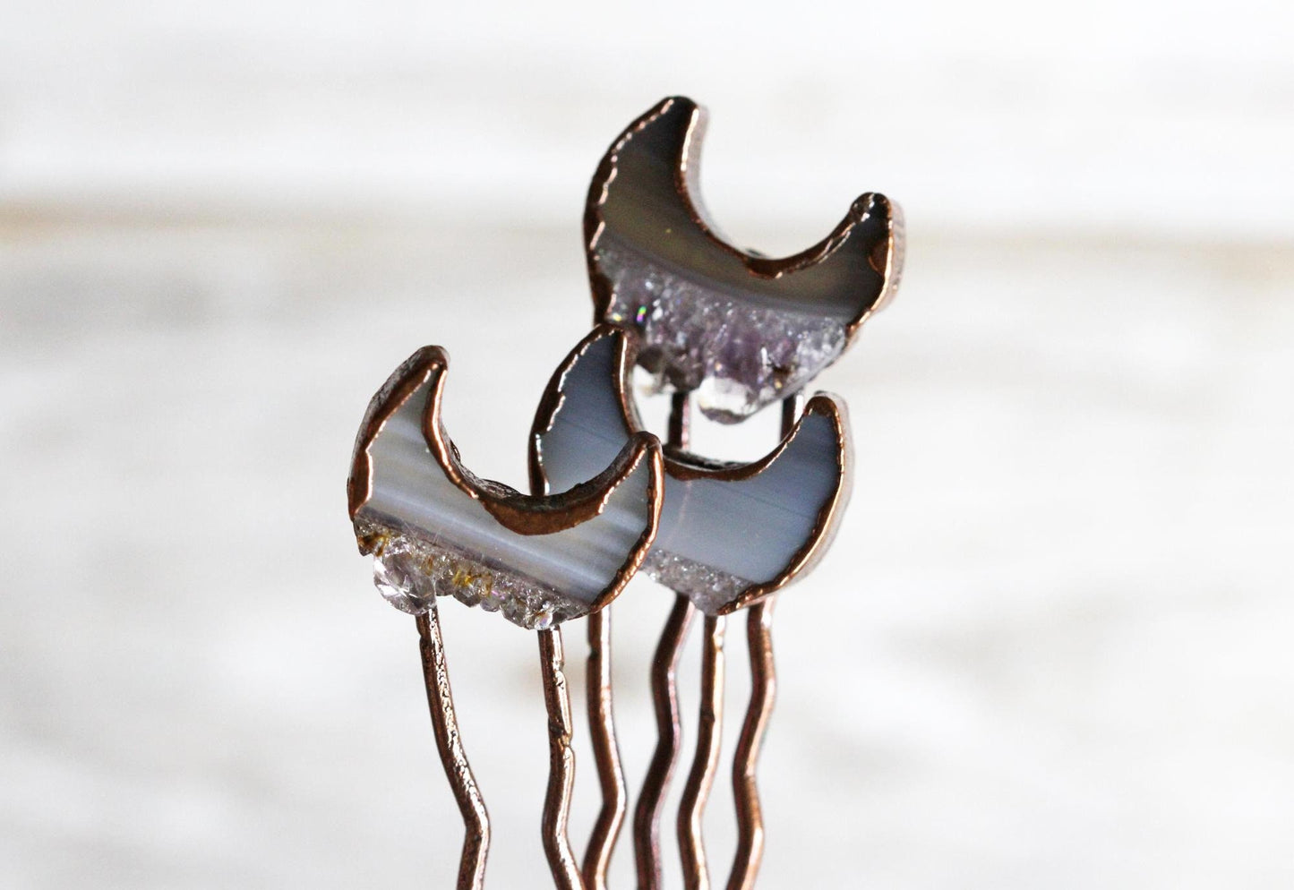 Amethyst Hair Pin - Small Hair Pin - Moon Hair Comb - Druzy Amethyst Slice