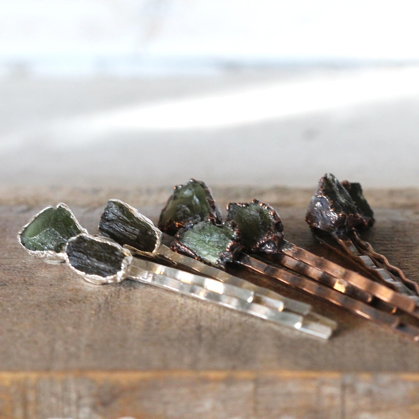 Moldavite Bobby Pin - Stone Hair Jewelry - Green Tektite
