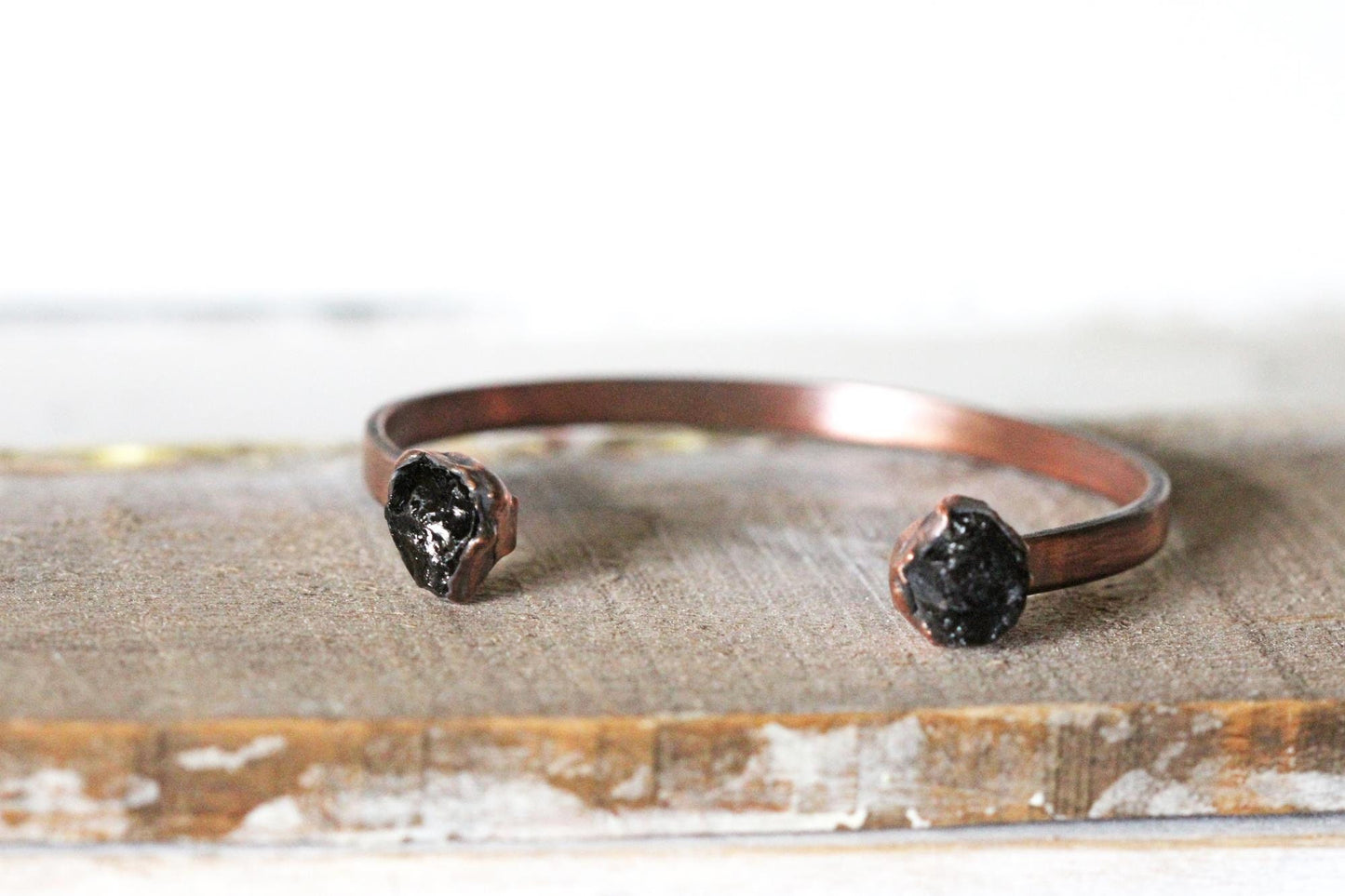 Black Tourmaline Bracelet - Open Copper Cuff - Raw Crystal Bracelet - Double Stone Bracelet