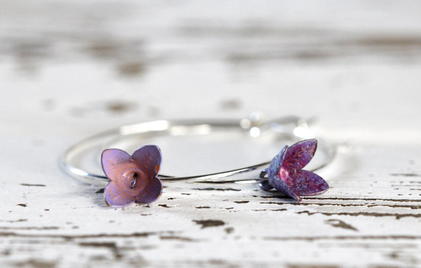 Lavender Flower Earrings - Simple Hoop Earrings - Vintage Metal - Sterling Silver Earrings - Gold Filled Hoops