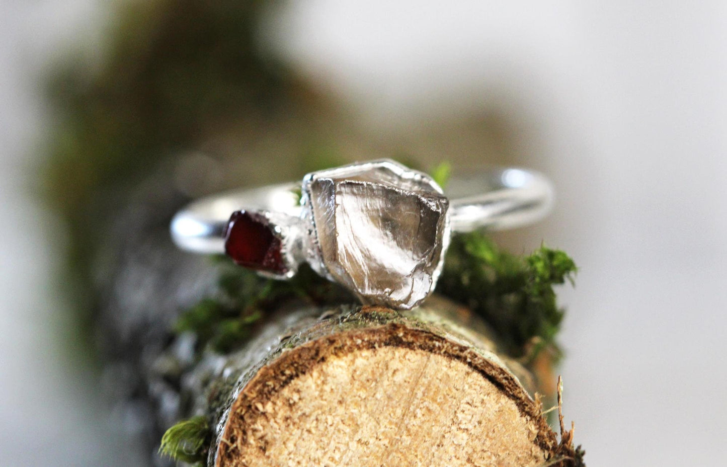 Raw Smoky Quartz Ring - Double Stone - Raw Garnet - Pure Silver Jewelry