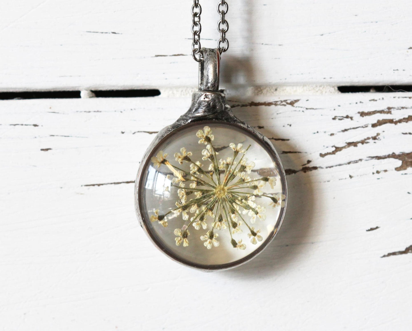Queen Anne's Lace Necklace - Bridesmaid Gift - Flower Terrarium Pendant - Spring Jewelry