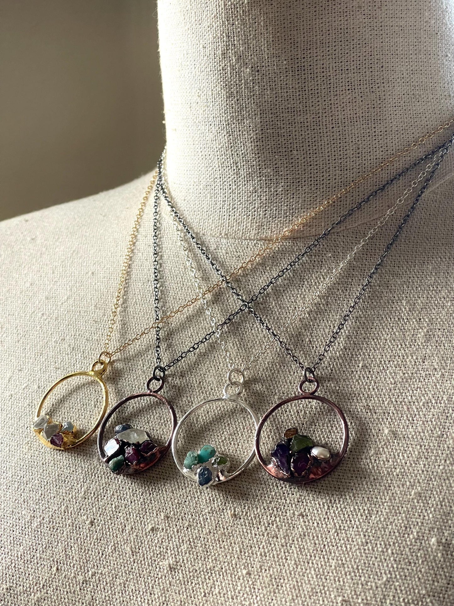 Personalized Mothers Day Necklace - Circle Necklace - Raw Stone Cluster Pendant - Birthstone Necklace