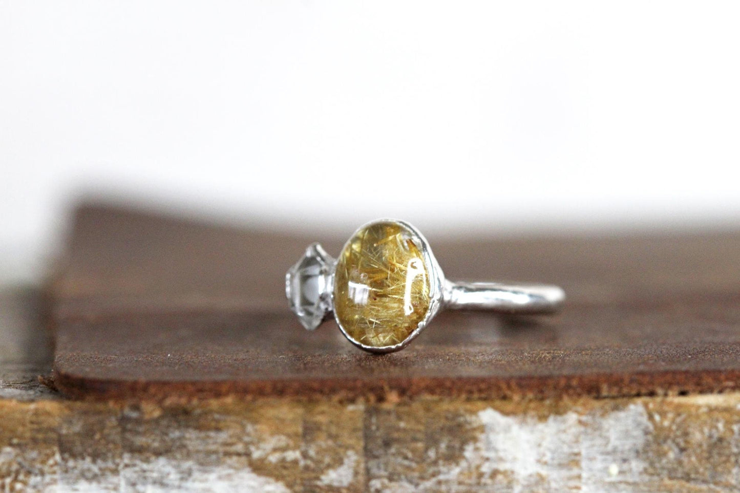 Rutilated Quartz Ring - Polished Golden Rutilated Cabochon - Herkimer Diamond