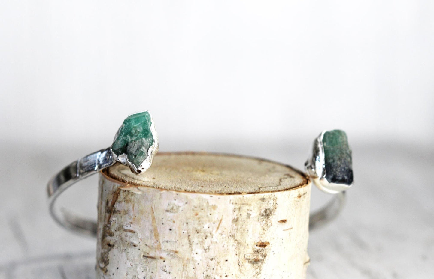 Raw Emerald Bracelet - May Birthstone - Open Copper Cuff - Raw Crystal Bracelet - Double Stone Bracelet