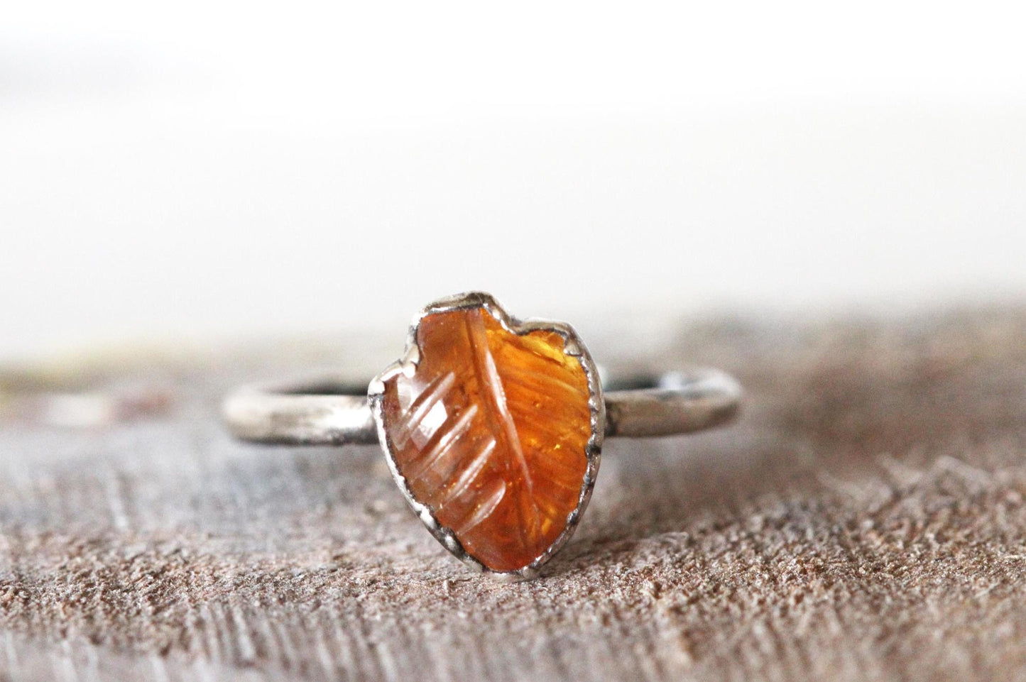 Citrine Leaf Ring - Carved Stone - Crystal Ring - November Birthstone Jewelry