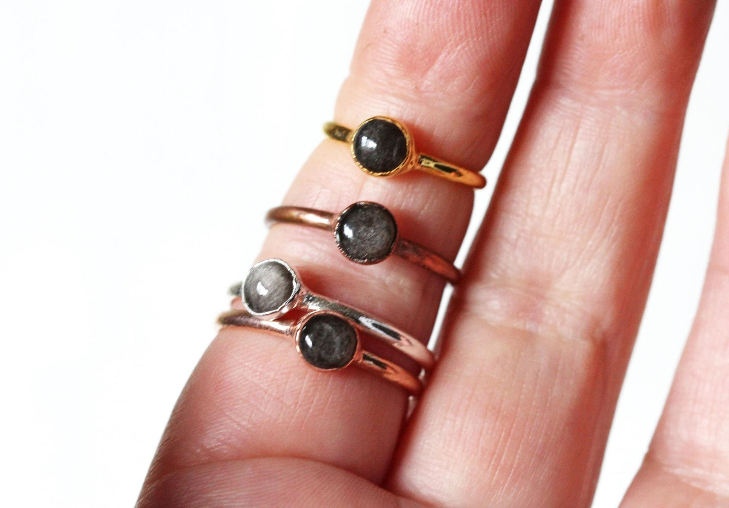 Silver Obsidian Ring - Simple Stone Stacker - Electroformed Jewelry