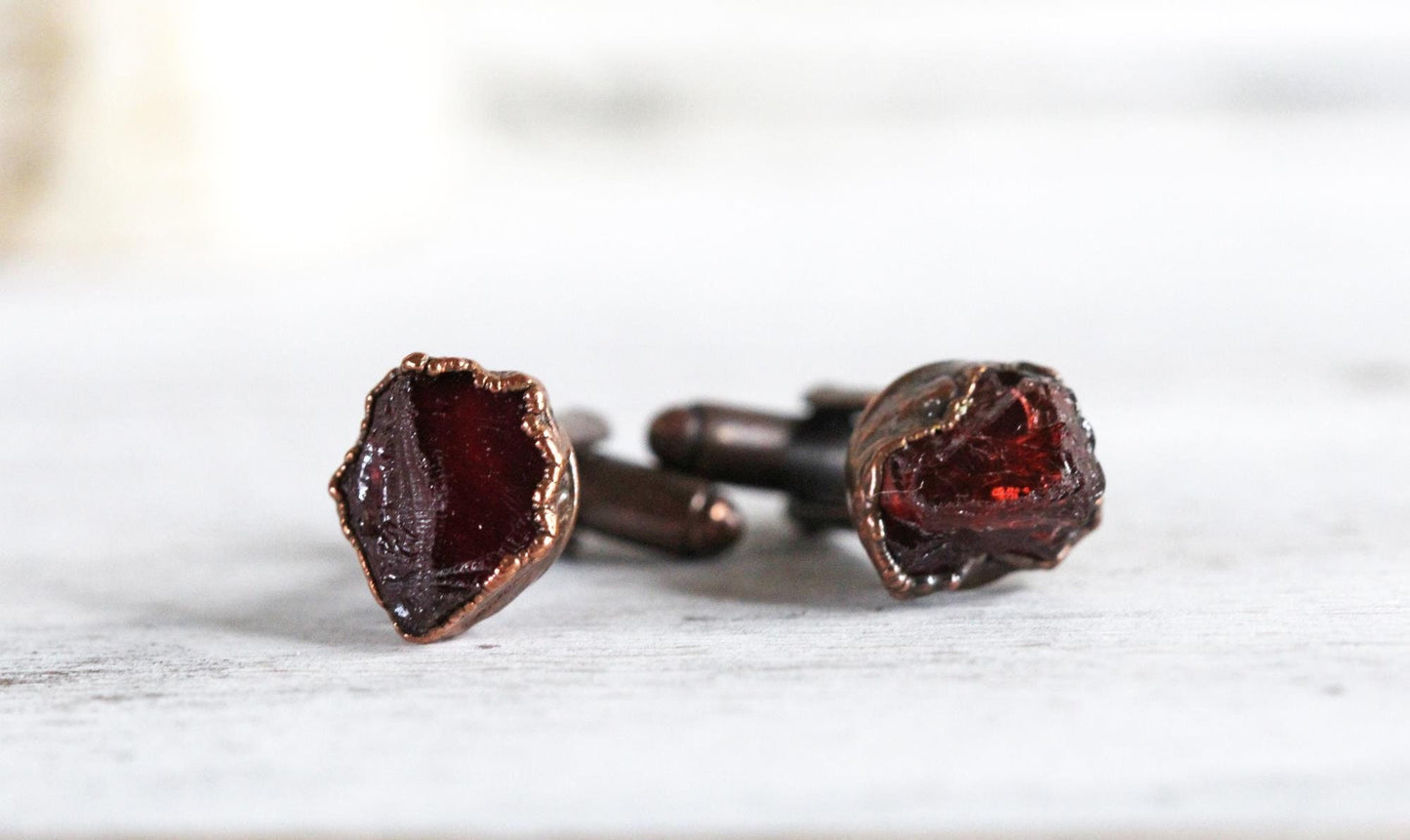 Garnet Cuff Links - Raw Birthstone Cufflinks - January Birthstone - Graduation Gift - Crystal Cuff Links