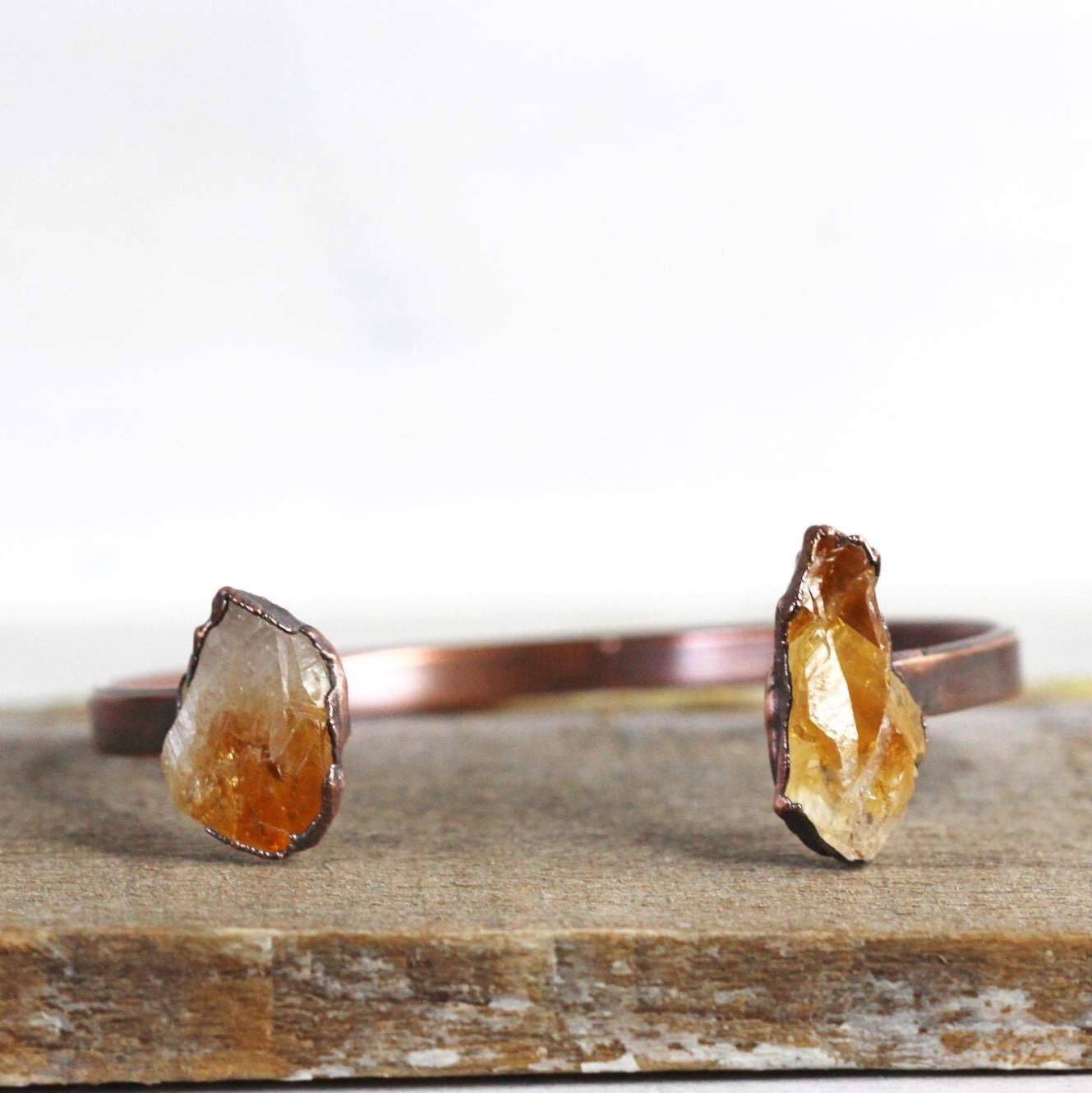 Citrine Bracelet - Open Copper Cuff - Raw Crystal Bracelet - Double Stone Bracelet